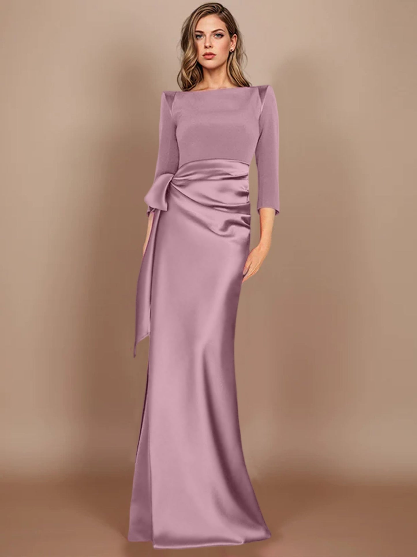 Column Scoop 3/4 Length Sleeves Floor-Length Mother of the Bride Dresses with Bow