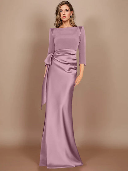Column Scoop 3/4 Length Sleeves Floor-Length Mother of the Bride Dresses with Bow