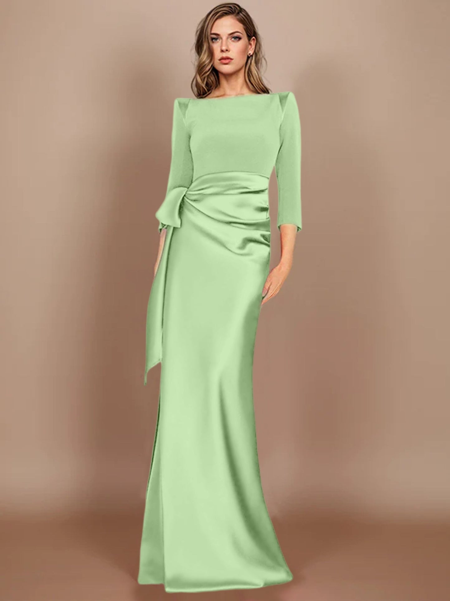 Column Scoop 3/4 Length Sleeves Floor-Length Mother of the Bride Dresses with Bow