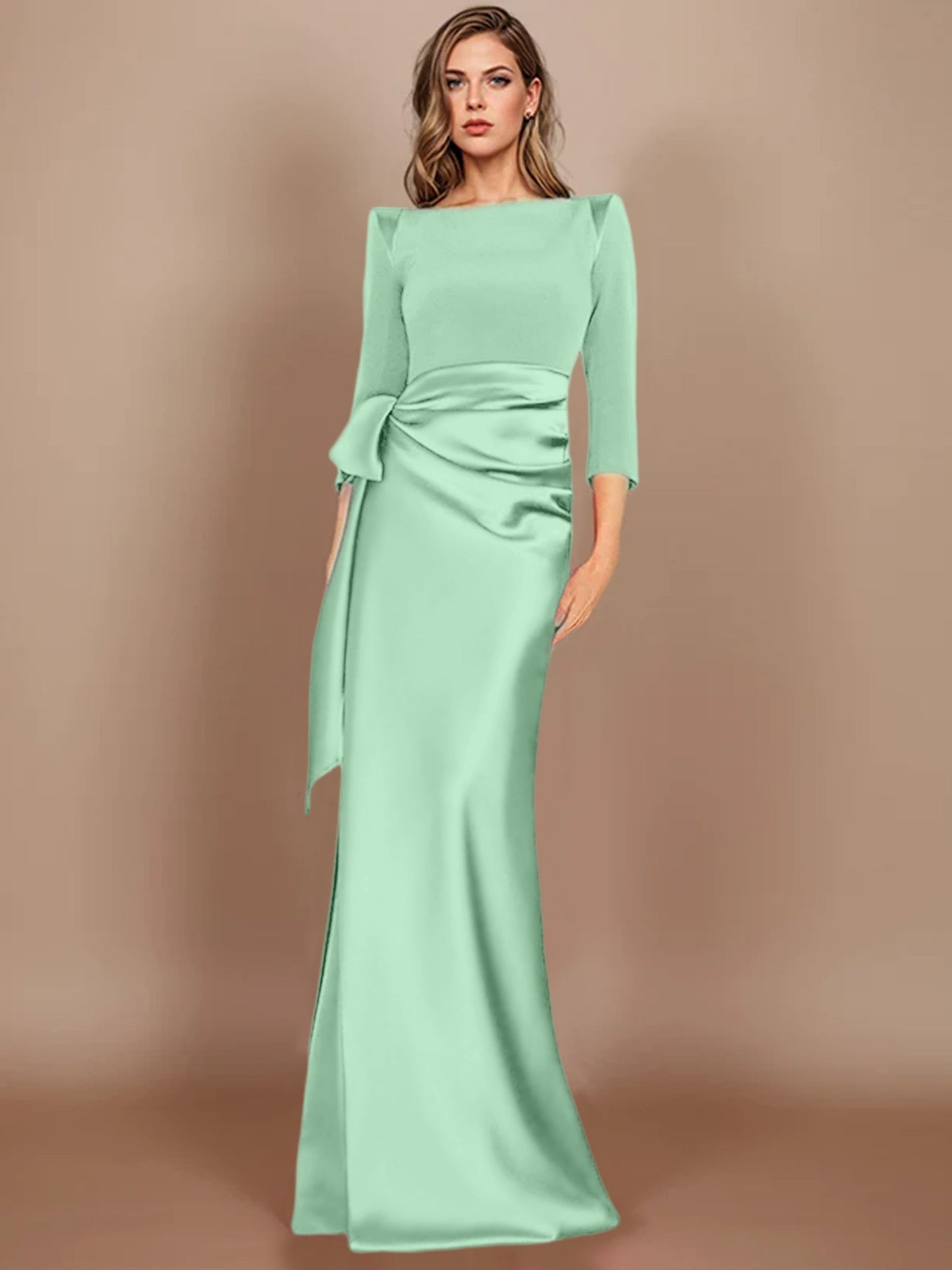 Column Scoop 3/4 Length Sleeves Floor-Length Mother of the Bride Dresses with Bow