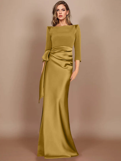 Column Scoop 3/4 Length Sleeves Floor-Length Mother of the Bride Dresses with Bow