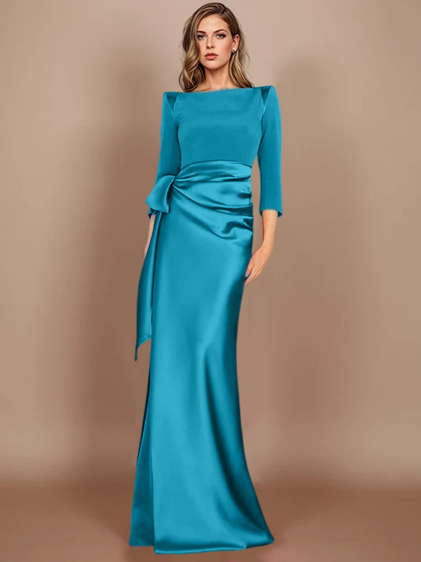 Column Scoop 3/4 Length Sleeves Floor-Length Mother of the Bride Dresses with Bow