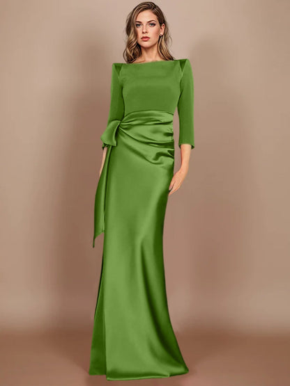 Column Scoop 3/4 Length Sleeves Floor-Length Mother of the Bride Dresses with Bow