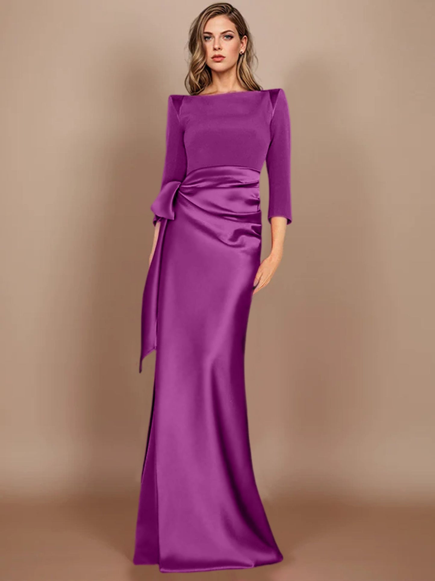 Column Scoop 3/4 Length Sleeves Floor-Length Mother of the Bride Dresses with Bow