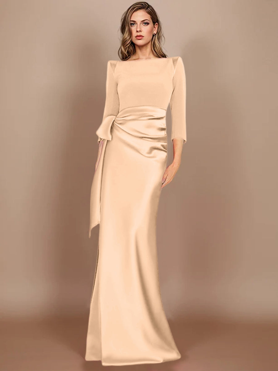 Column Scoop 3/4 Length Sleeves Floor-Length Mother of the Bride Dresses with Bow