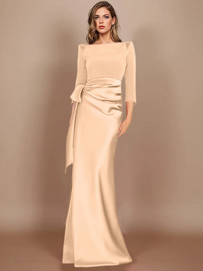 Column Scoop 3/4 Length Sleeves Floor-Length Mother of the Bride Dresses with Bow