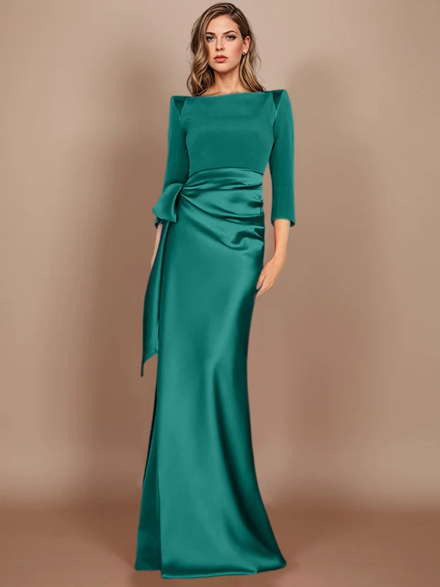 Column Scoop 3/4 Length Sleeves Floor-Length Mother of the Bride Dresses with Bow