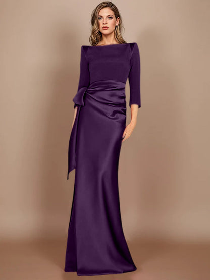 Column Scoop 3/4 Length Sleeves Floor-Length Mother of the Bride Dresses with Bow