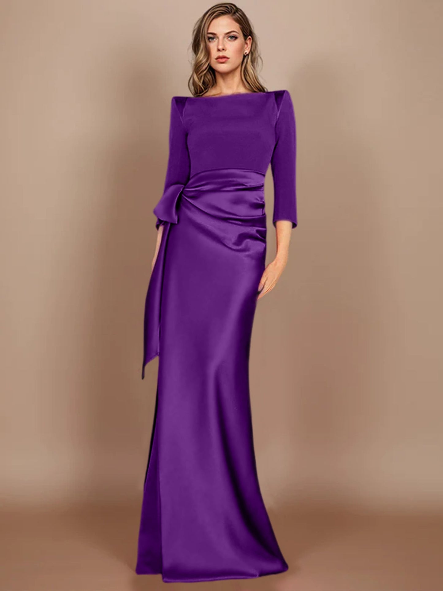 Column Scoop 3/4 Length Sleeves Floor-Length Mother of the Bride Dresses with Bow