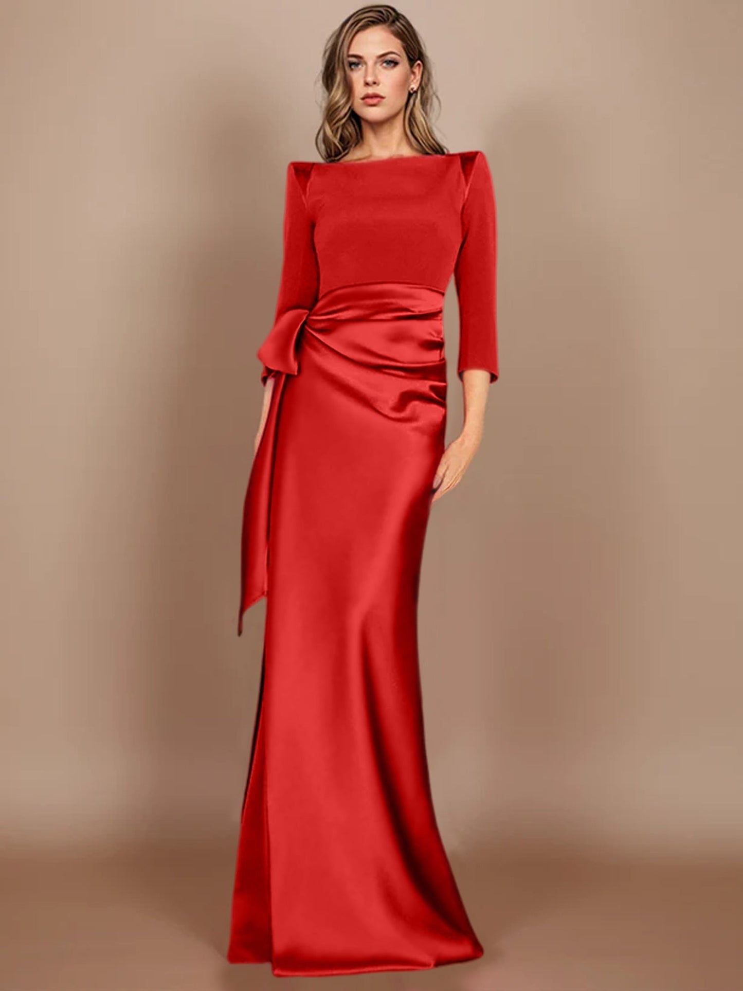 Column Scoop 3/4 Length Sleeves Floor-Length Mother of the Bride Dresses with Bow