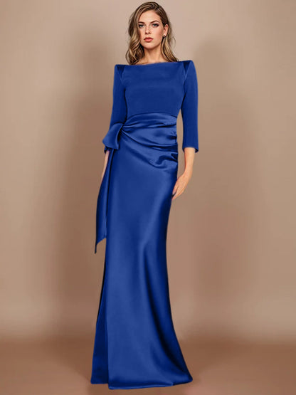 Column Scoop 3/4 Length Sleeves Floor-Length Mother of the Bride Dresses with Bow