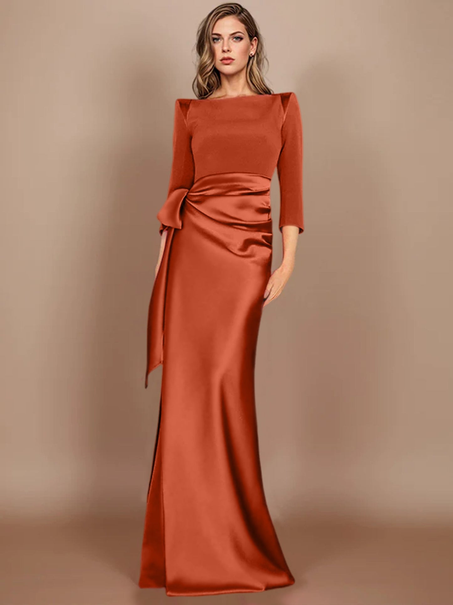 Column Scoop 3/4 Length Sleeves Floor-Length Mother of the Bride Dresses with Bow