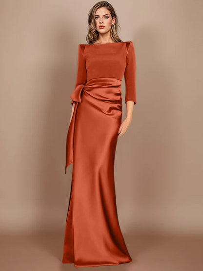 Column Scoop 3/4 Length Sleeves Floor-Length Mother of the Bride Dresses with Bow