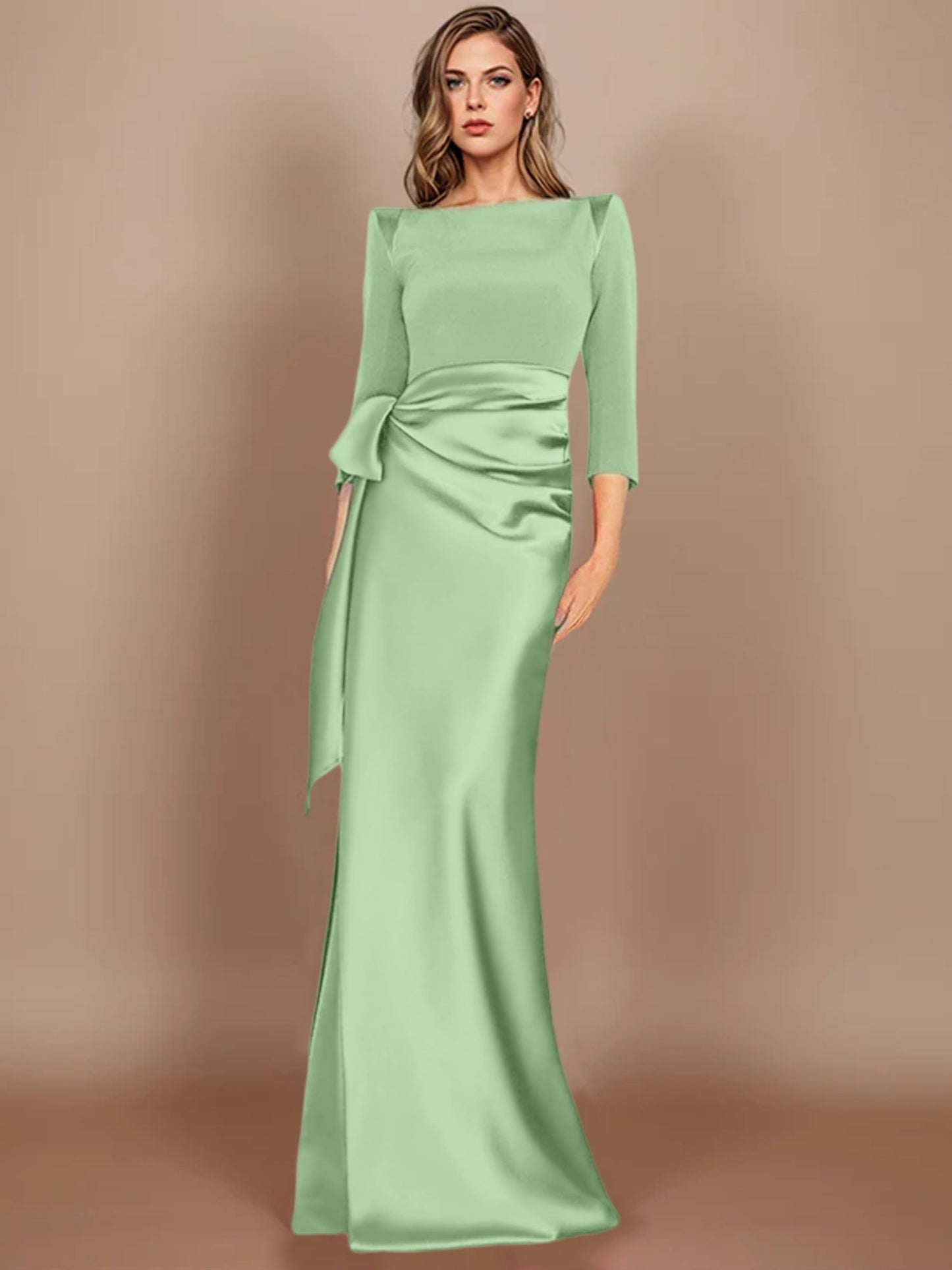 Column Scoop 3/4 Length Sleeves Floor-Length Mother of the Bride Dresses with Bow