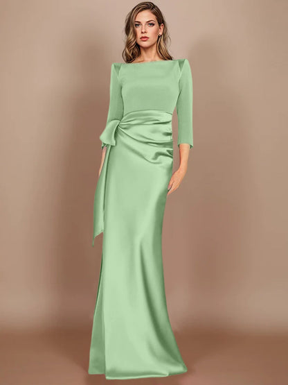 Column Scoop 3/4 Length Sleeves Floor-Length Mother of the Bride Dresses with Bow