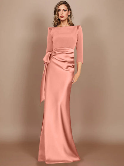 Column Scoop 3/4 Length Sleeves Floor-Length Mother of the Bride Dresses with Bow