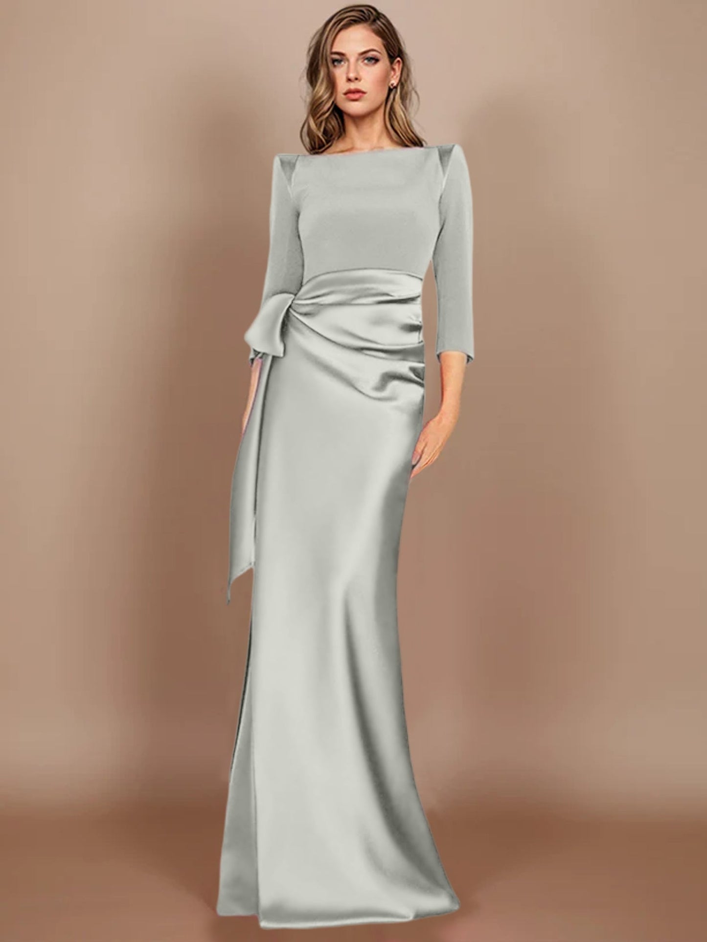 Column Scoop 3/4 Length Sleeves Floor-Length Mother of the Bride Dresses with Bow