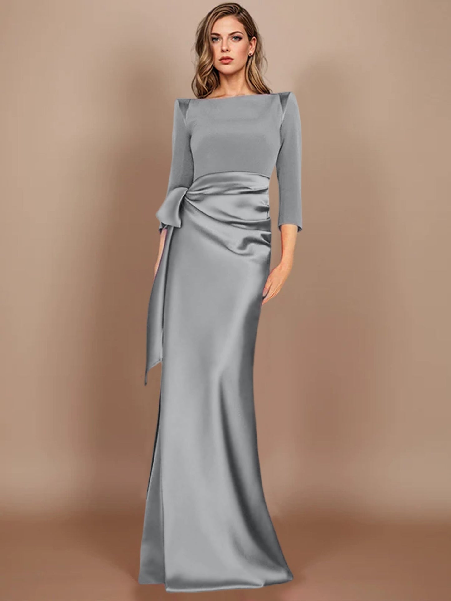 Column Scoop 3/4 Length Sleeves Floor-Length Mother of the Bride Dresses with Bow