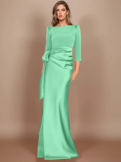 Column Scoop 3/4 Length Sleeves Floor-Length Mother of the Bride Dresses with Bow