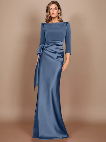Column Scoop 3/4 Length Sleeves Floor-Length Mother of the Bride Dresses with Bow