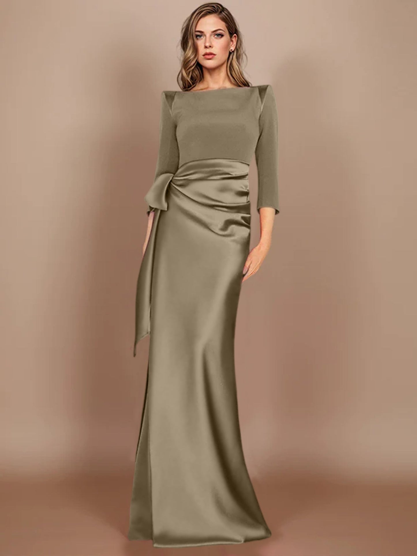 Column Scoop 3/4 Length Sleeves Floor-Length Mother of the Bride Dresses with Bow