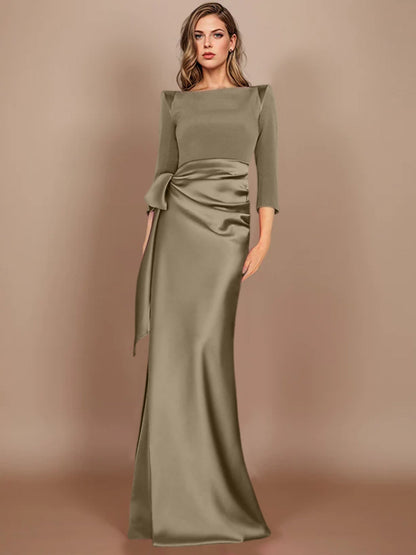 Column Scoop 3/4 Length Sleeves Floor-Length Mother of the Bride Dresses with Bow
