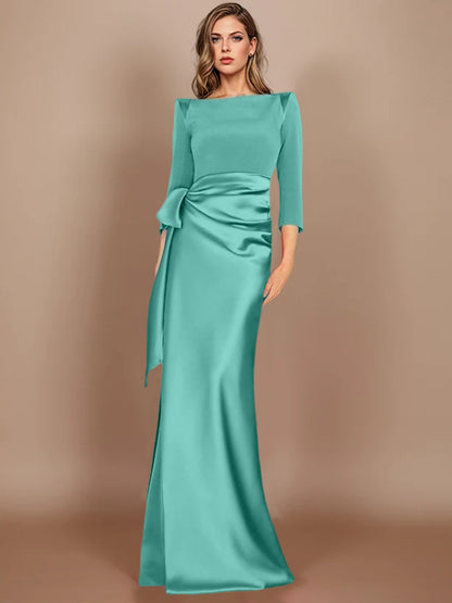 Column Scoop 3/4 Length Sleeves Floor-Length Mother of the Bride Dresses with Bow