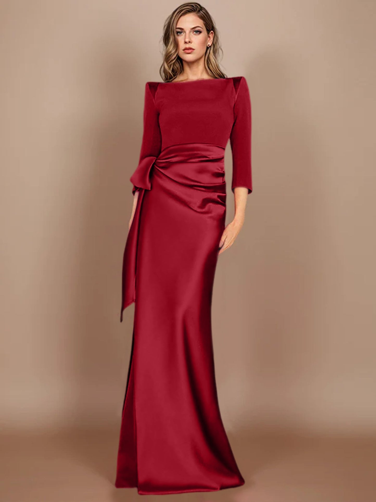 Column Scoop 3/4 Length Sleeves Floor-Length Mother of the Bride Dresses with Bow
