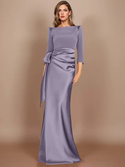 Column Scoop 3/4 Length Sleeves Floor-Length Mother of the Bride Dresses with Bow