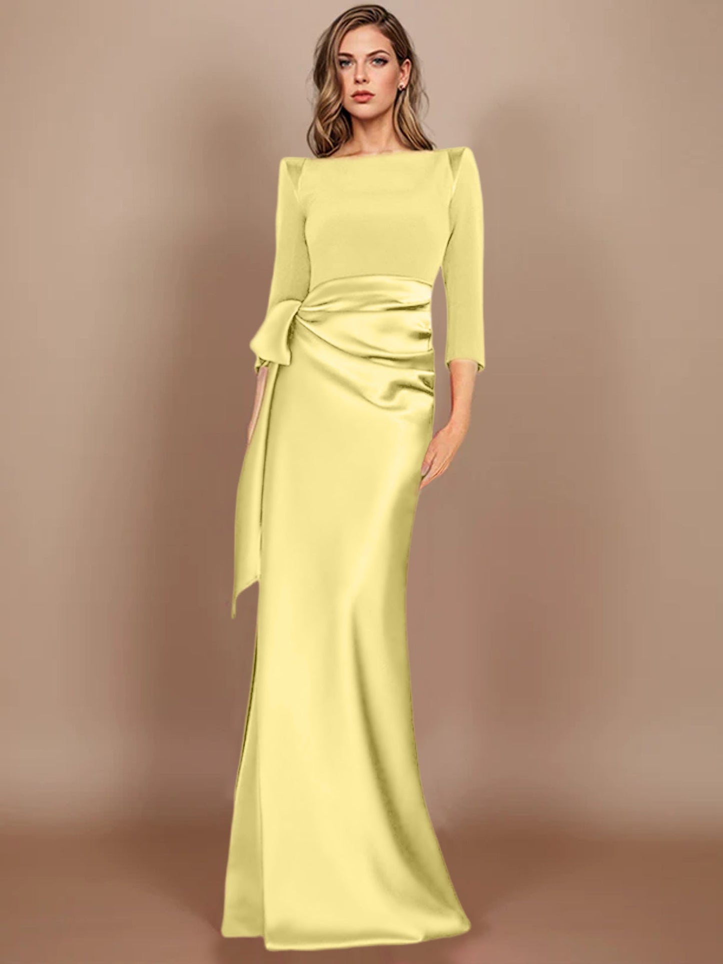 Column Scoop 3/4 Length Sleeves Floor-Length Mother of the Bride Dresses with Bow