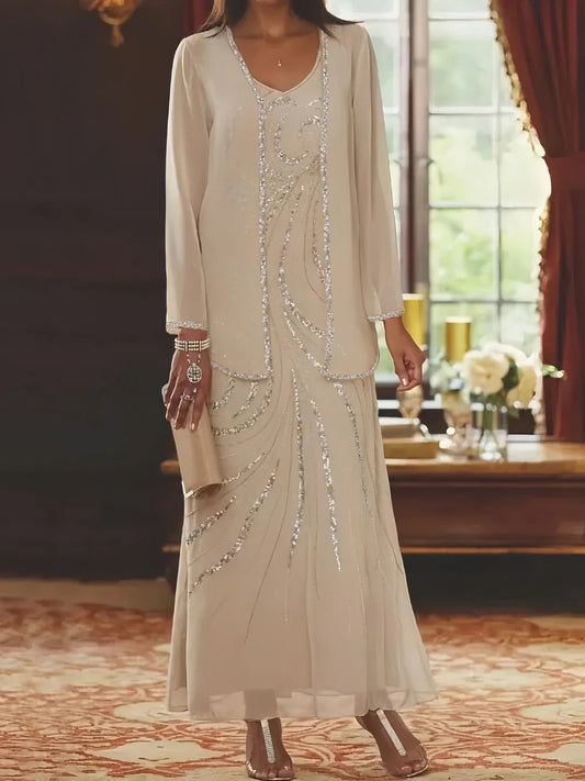 Column V-Neck Ankle-Length Mother of the Bride Dress