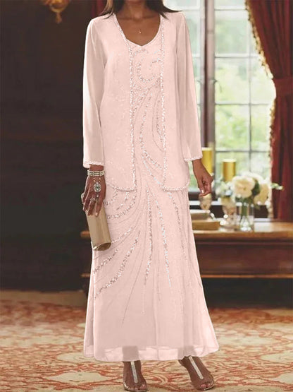 Column V-Neck Ankle-Length Mother of the Bride Dress