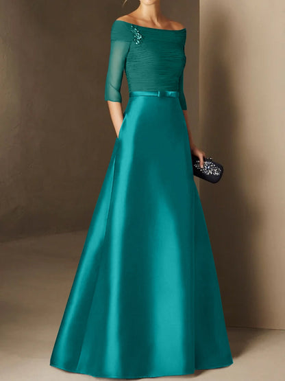 A-Line Off-the-Shoulder Short Sleeves Mother of the Bride Dress