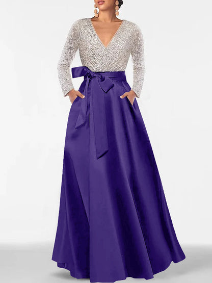 A-Line V-Neck Long Sleeves Floor-Length Mother of the Bride Dress