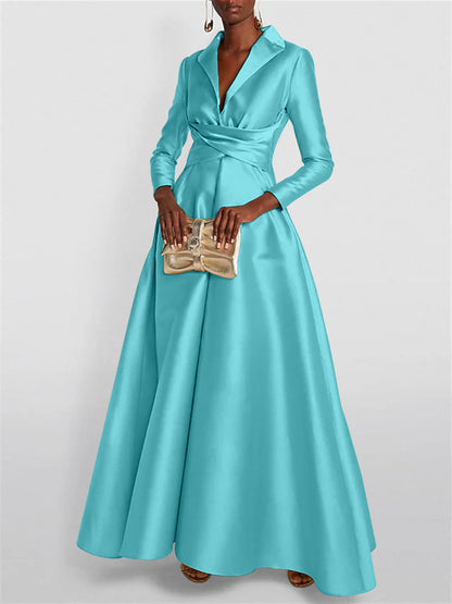 A-Line Long Sleeves V-Neck Floor-length Evening Dresses