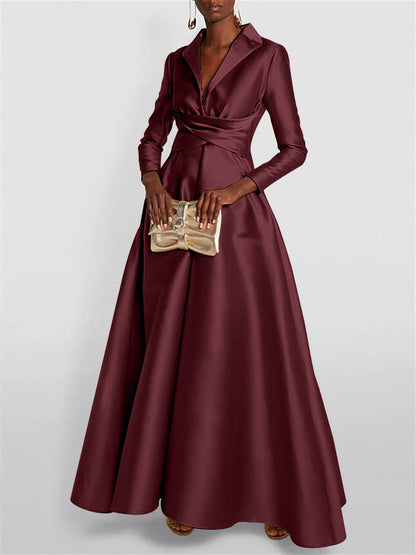 A-Line Long Sleeves V-Neck Floor-length Evening Dresses