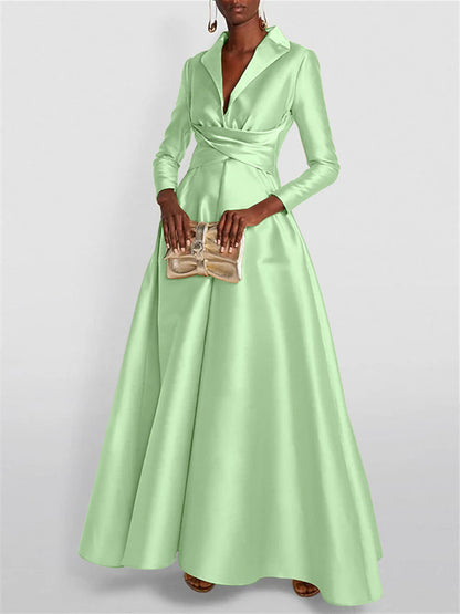 A-Line Long Sleeves V-Neck Floor-length Evening Dresses