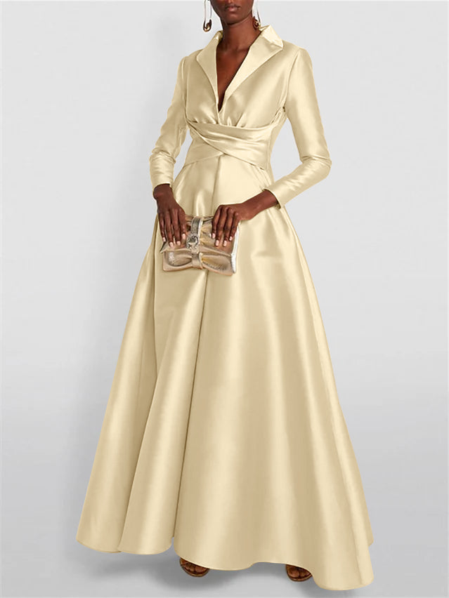 A-Line Long Sleeves V-Neck Floor-length Evening Dresses