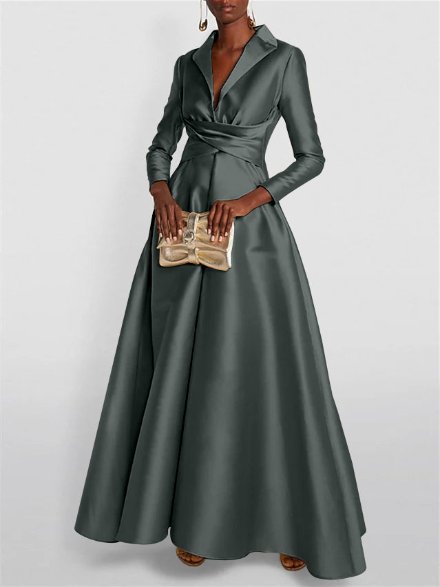 A-Line Long Sleeves V-Neck Floor-length Evening Dresses