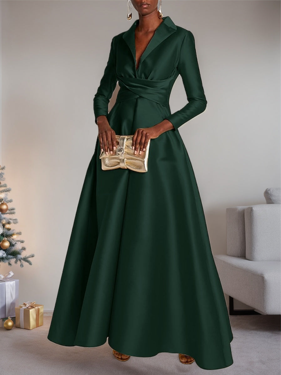 A-Line Long Sleeves V-Neck Floor-length Evening Dresses