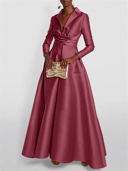 A-Line Long Sleeves V-Neck Floor-length Evening Dresses