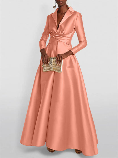 A-Line Long Sleeves V-Neck Floor-length Evening Dresses