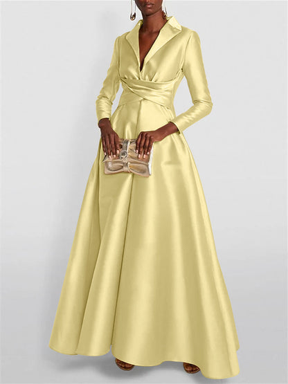 A-Line Long Sleeves V-Neck Floor-length Evening Dresses