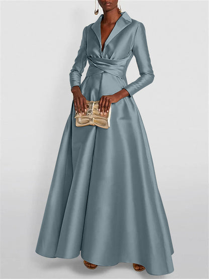 A-Line Long Sleeves V-Neck Floor-length Evening Dresses