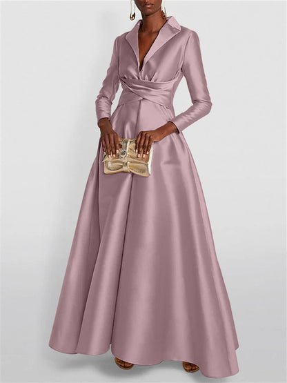 A-Line Long Sleeves V-Neck Floor-length Evening Dresses