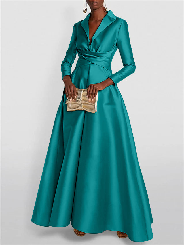 A-Line Long Sleeves V-Neck Floor-length Evening Dresses