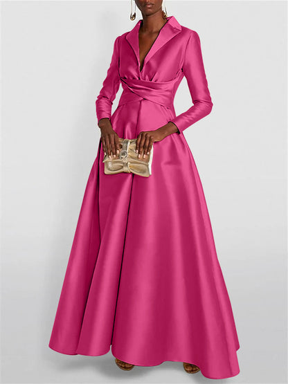 A-Line Long Sleeves V-Neck Floor-length Evening Dresses
