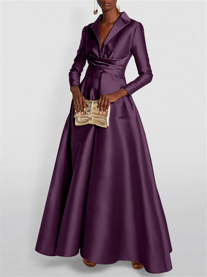 A-Line Long Sleeves V-Neck Floor-length Evening Dresses
