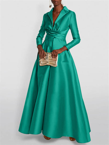 A-Line Long Sleeves V-Neck Floor-length Evening Dresses