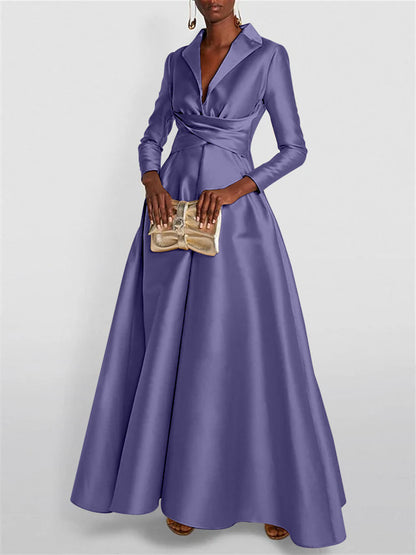 A-Line Long Sleeves V-Neck Floor-length Evening Dresses